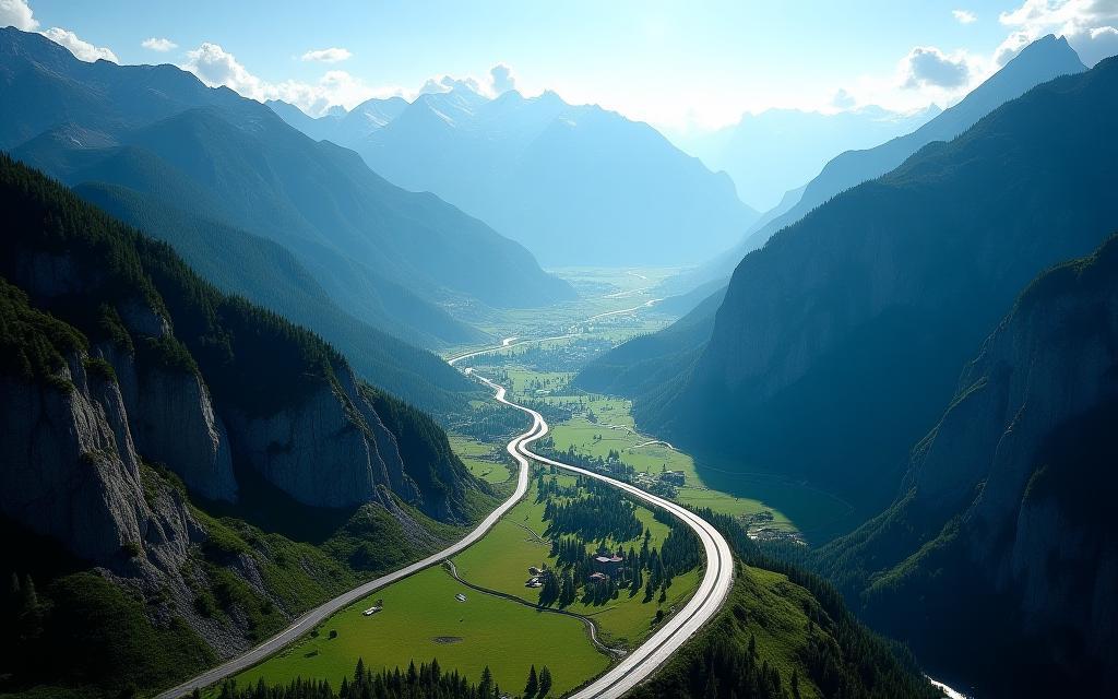 Luftaufnahme einer Schweizer Autobahn, umgeben von Bergen.